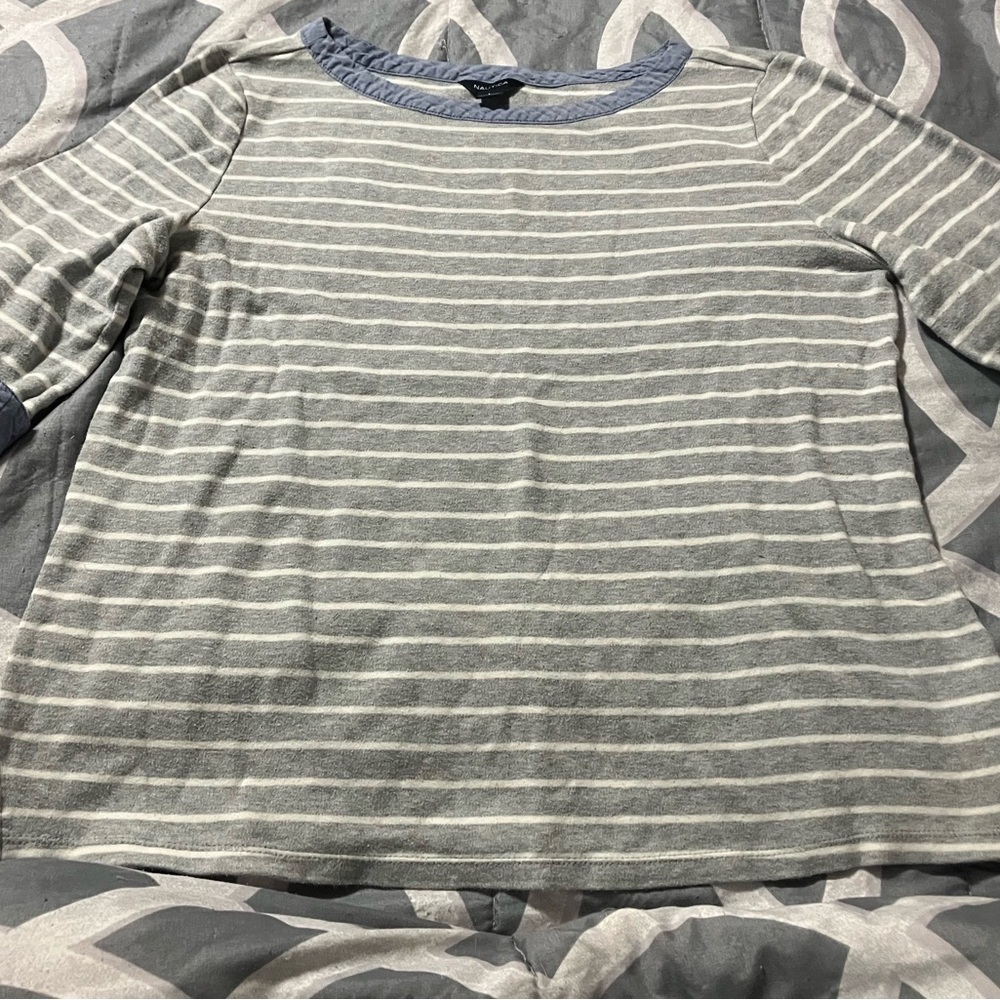 Gray and White Striped Long Sleeve Top